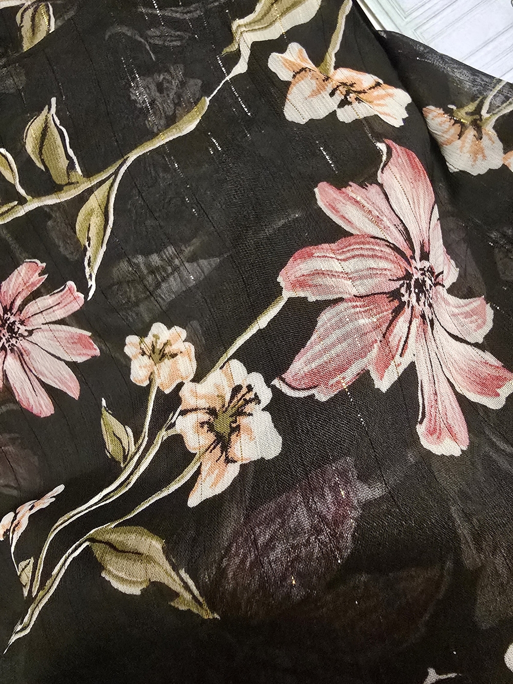 Floral Ruffle Cold-Shoulder Top - Black with Pink/Peach Flowers - Picture 5 of 6